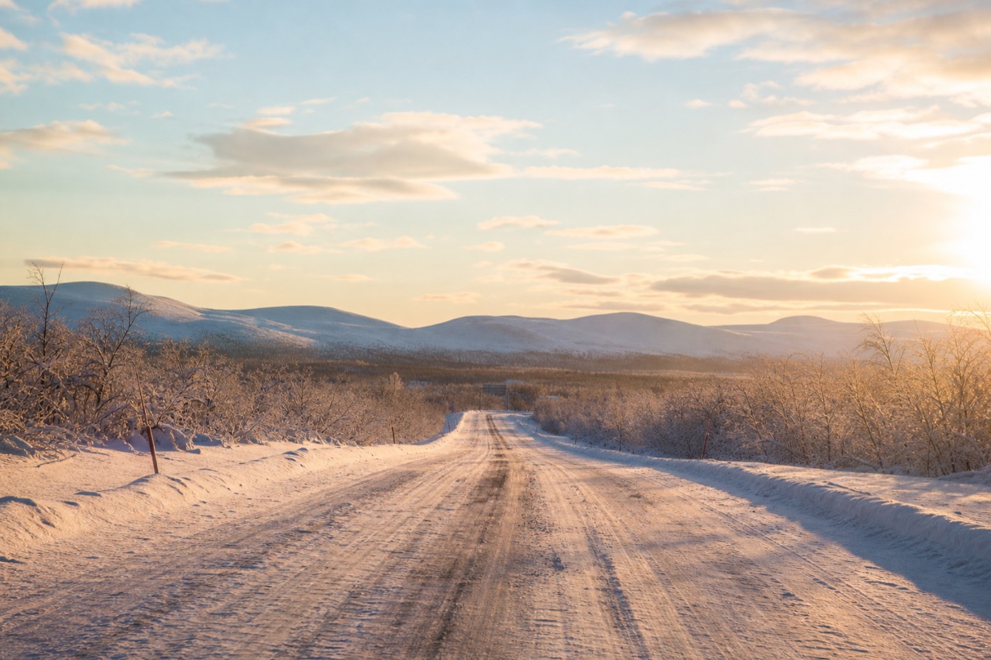 Snowy road stretching from Rovaniemi toward Lapland's fell resorts and Ranua's forest wildlife park