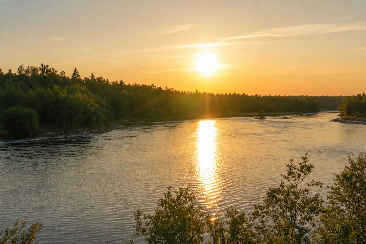 The sun glowing low over the horizon at midnight during summer in Rovaniemi, Finnish Lapland
