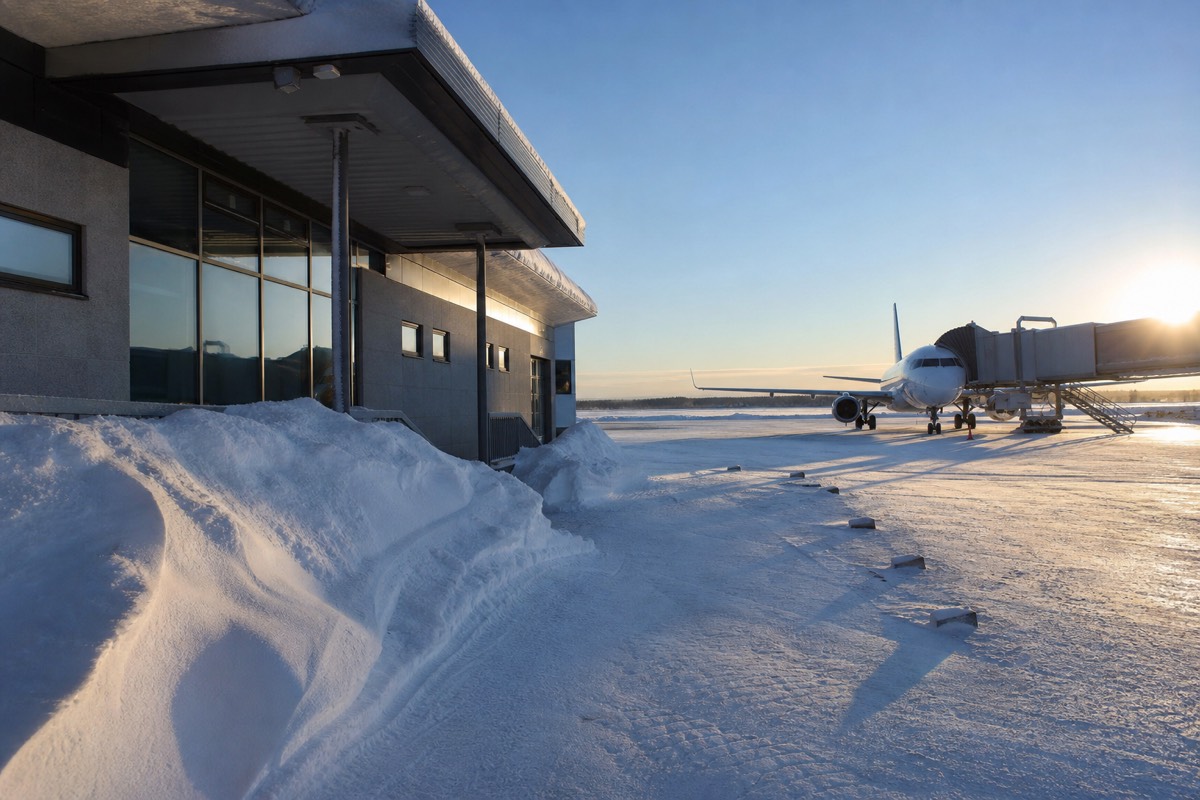 A small Arctic airport terminal with snow banked outside