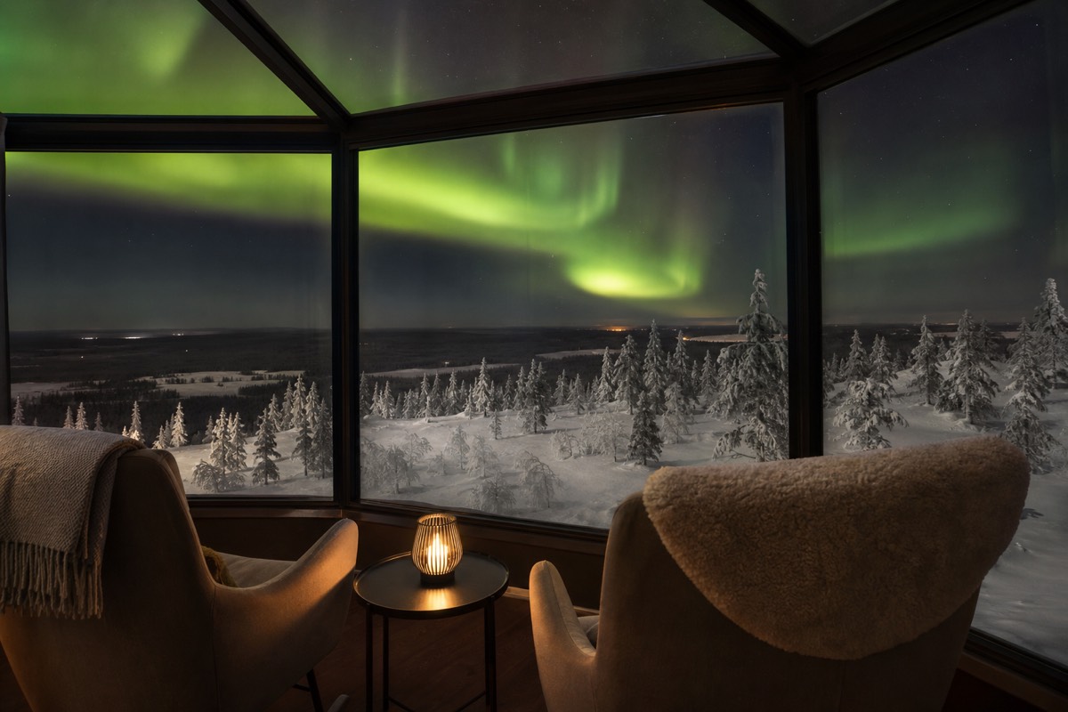 An older couple in winter layers watching the northern lights from a snowy clearing near Rovaniemi