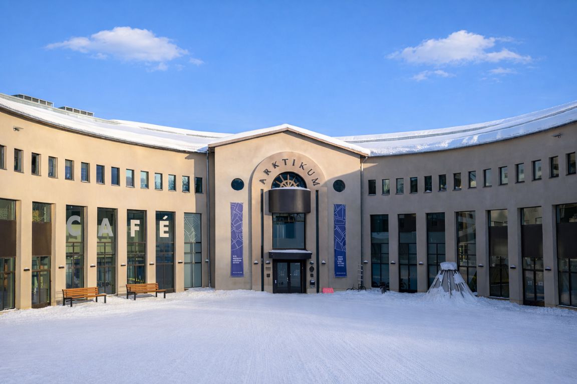 Arktikum Museum entrance in Rovaniemi Finland covered in snow with modern Arctic architecture, captured during a tour with Rovaniemi Tours