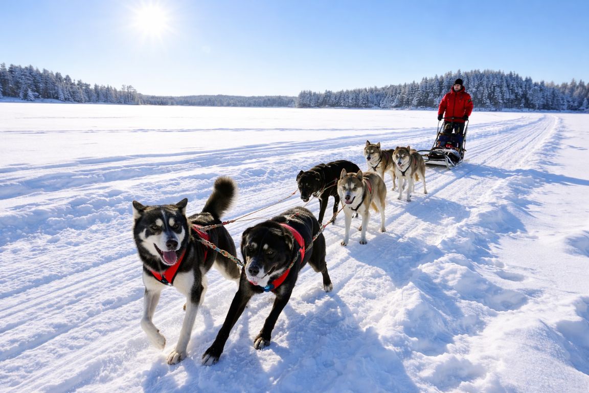Husky safari in Rovaniemi Lapland with sled dogs pulling through snowy landscape, captured during a tour with Rovaniemi Tours