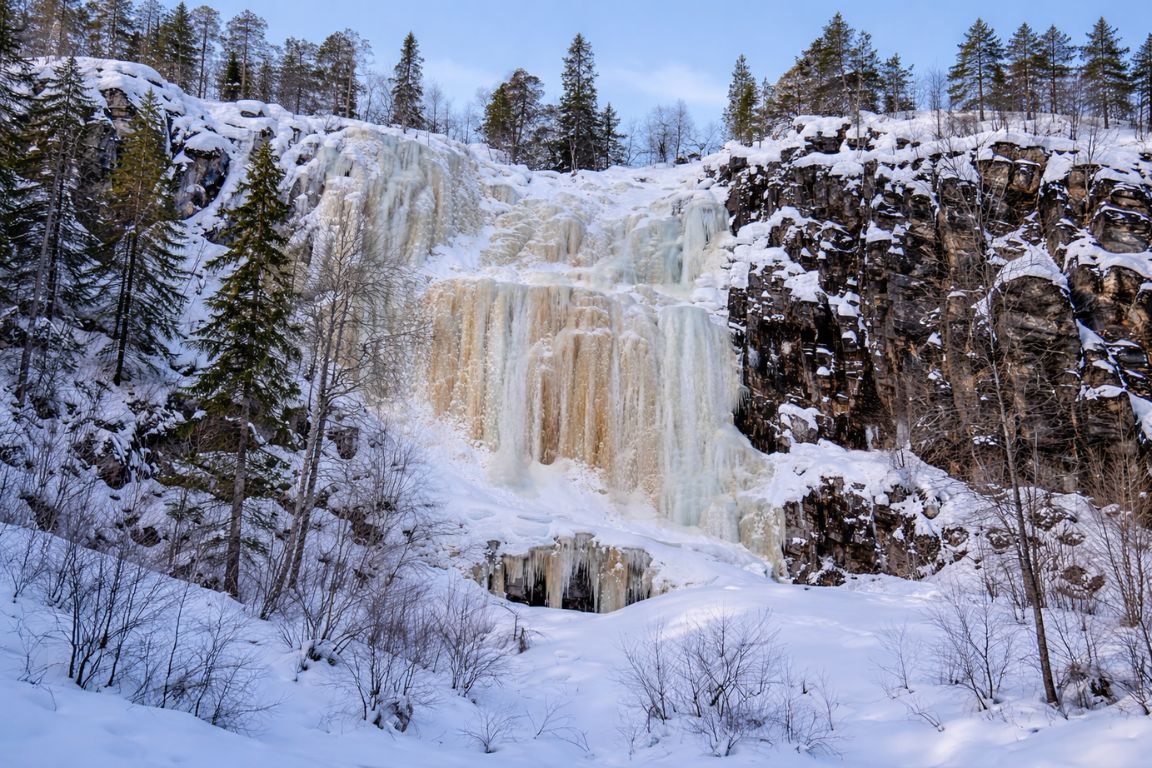 Frozen waterfall in Korouoma Canyon surrounded by snowy cliffs and forest in Lapland, captured during a tour with Rovaniemi Tours
