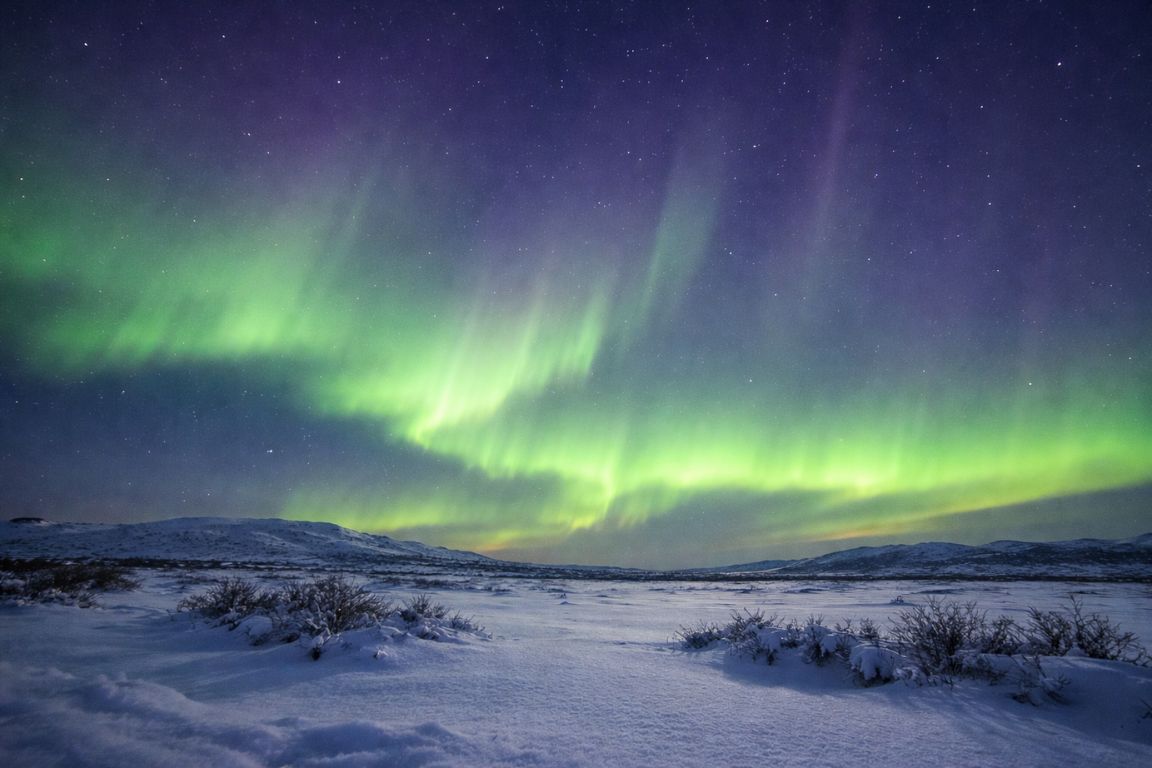 Northern Lights dancing over snowy landscape in Rovaniemi Lapland under starry sky, captured during a tour with Rovaniemi Tours