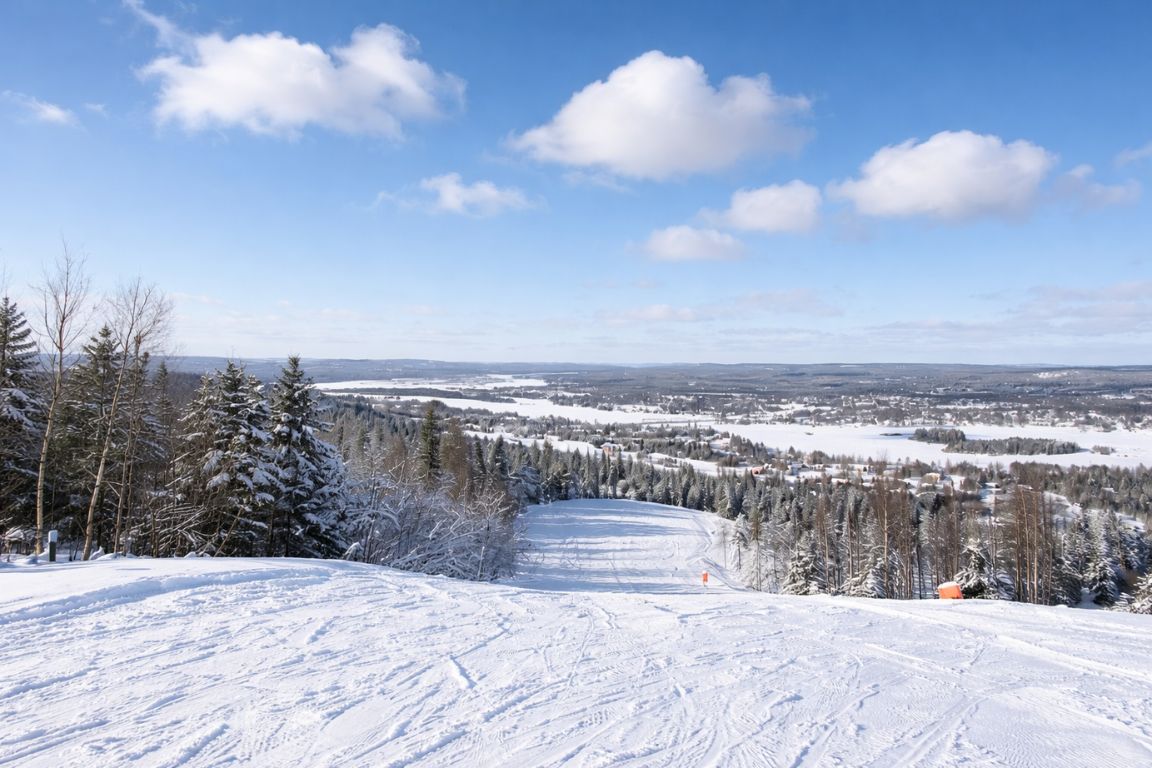 Ounasvaara hill viewpoint overlooking Rovaniemi with snow-covered trails and forest, experienced during a tour with Rovaniemi Tours
