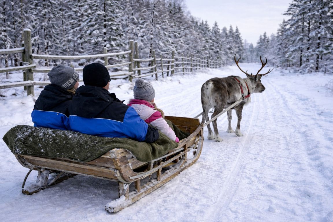 Tourists riding a reindeer sleigh in Arctic wilderness near Rovaniemi, captured during a guided excursion with Rovaniemi Tours