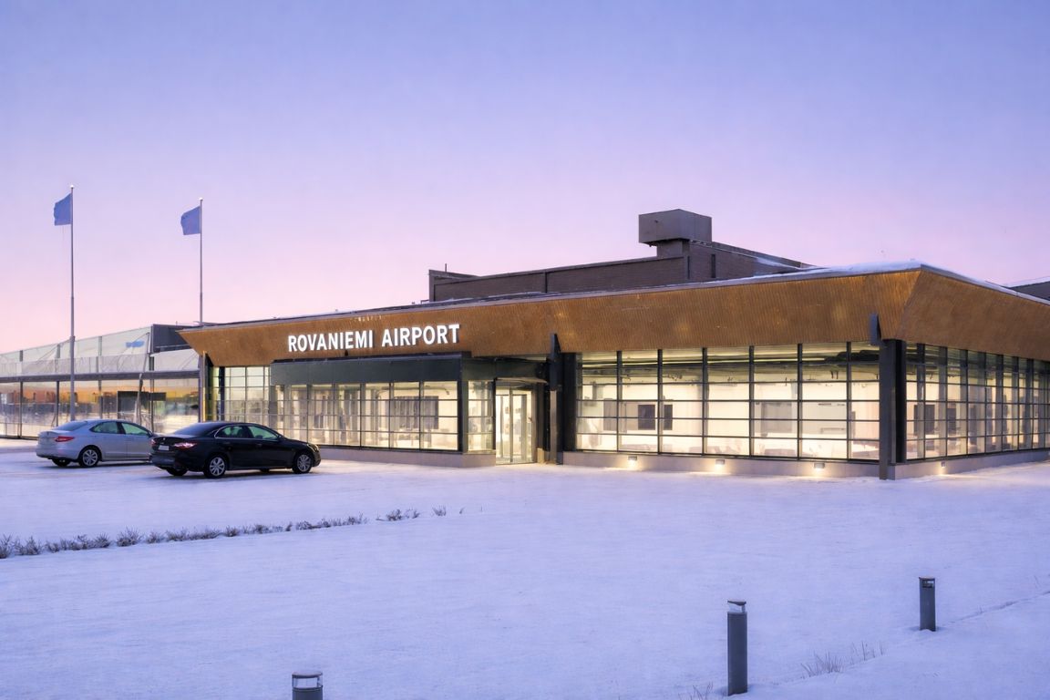 Rovaniemi Airport terminal in Lapland Finland at dusk with snowy surroundings, photographed during our Rovaniemi Tours experience