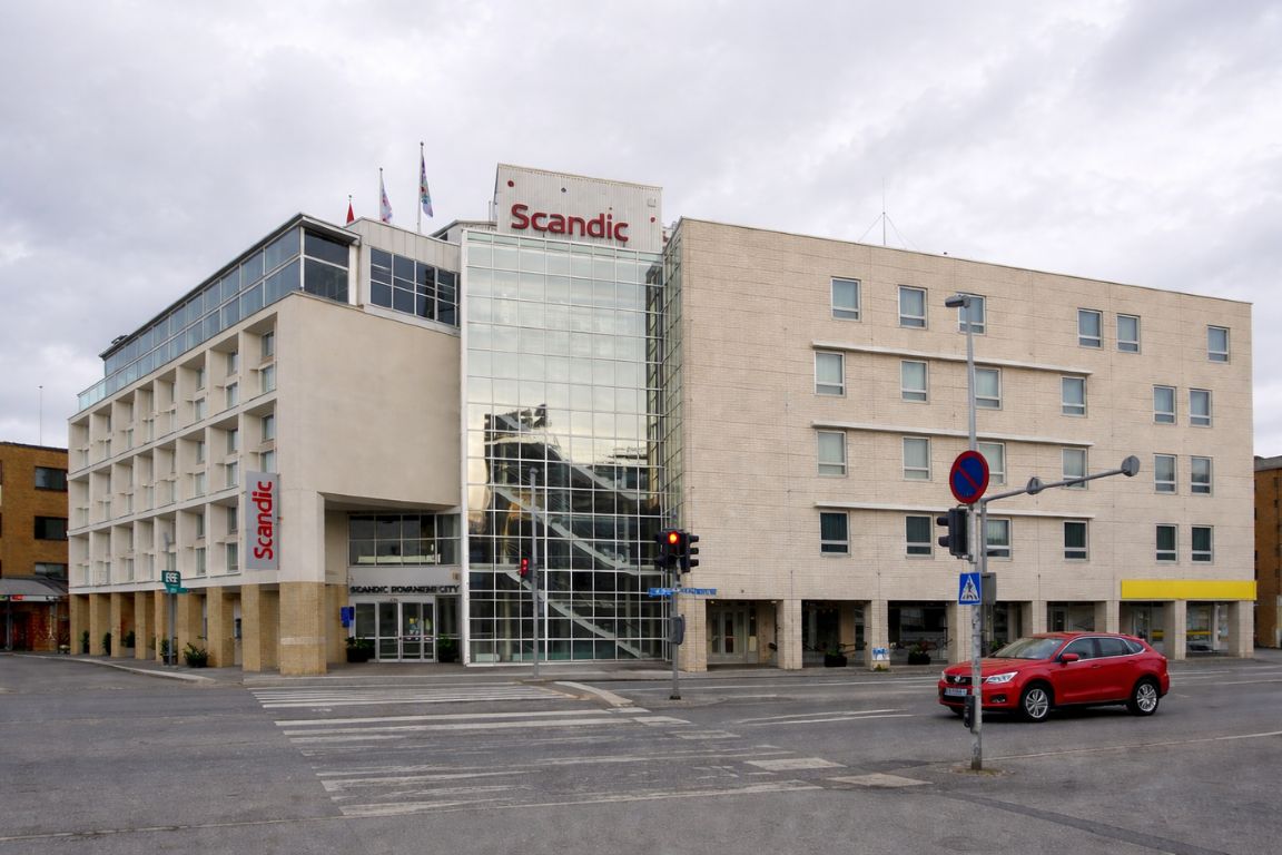Scandic Rovaniemi City hotel facade with glass entrance in Lapland Finland, seen during a tour with Rovaniemi Tours