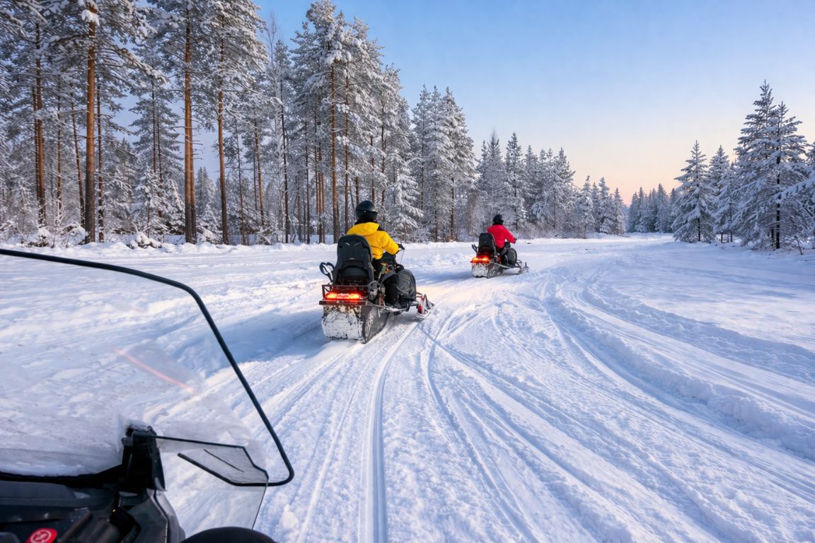 Group snowmobiling adventure in Lapland Finland on winter trails surrounded by snowy trees, experienced during a Rovaniemi Tours excursion