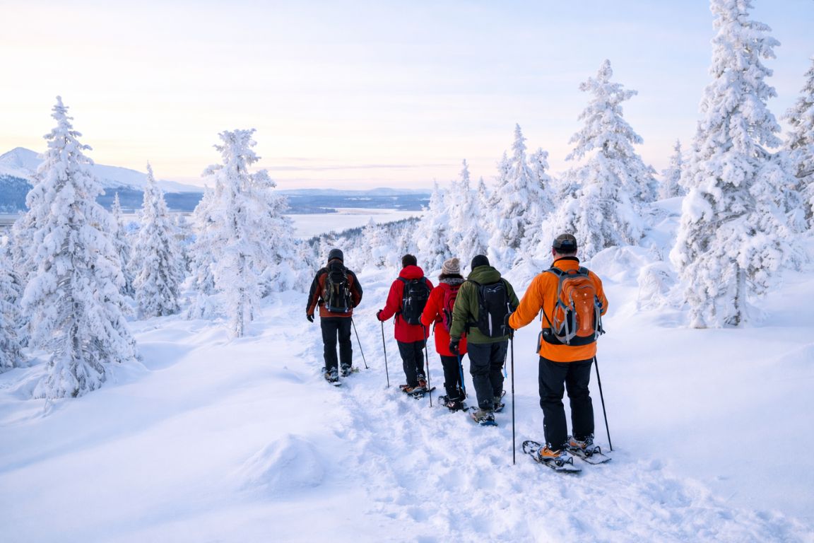 Snowshoe hiking adventure in Lapland Finland with travelers walking through snow-covered trees, photographed during a Rovaniemi Tours excursion